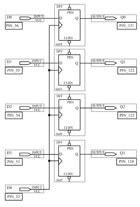 Схема 4-х битного параллельного регистра