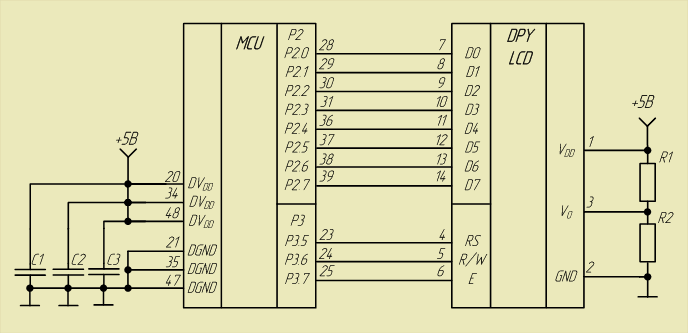 Схема подключения ЖКИ к микроконтроллеру 9,6 КБ